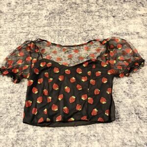 Hot Topic Strawberry Glitter Mesh Cropped Top Size Medium Punk Emo Black Sparkle